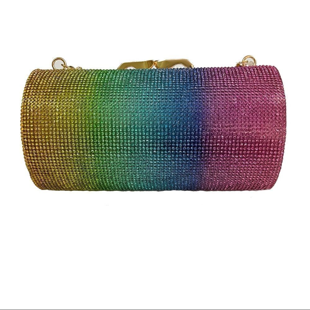 Rainbow Ombré Rhinestone Cylinder Clutch
